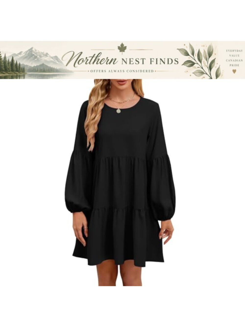 Women Long Sleeve Tunic Dress Casual Flowy Swing Pleated Hem A-Line Mini